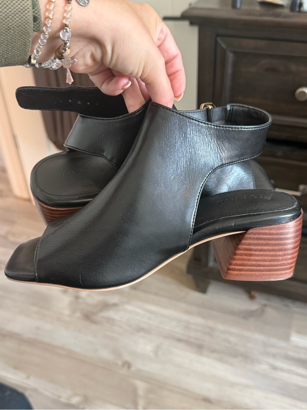 torrid Black Leather Open-Toe Slingback Block Heel Mules with Wood-Look Heel
